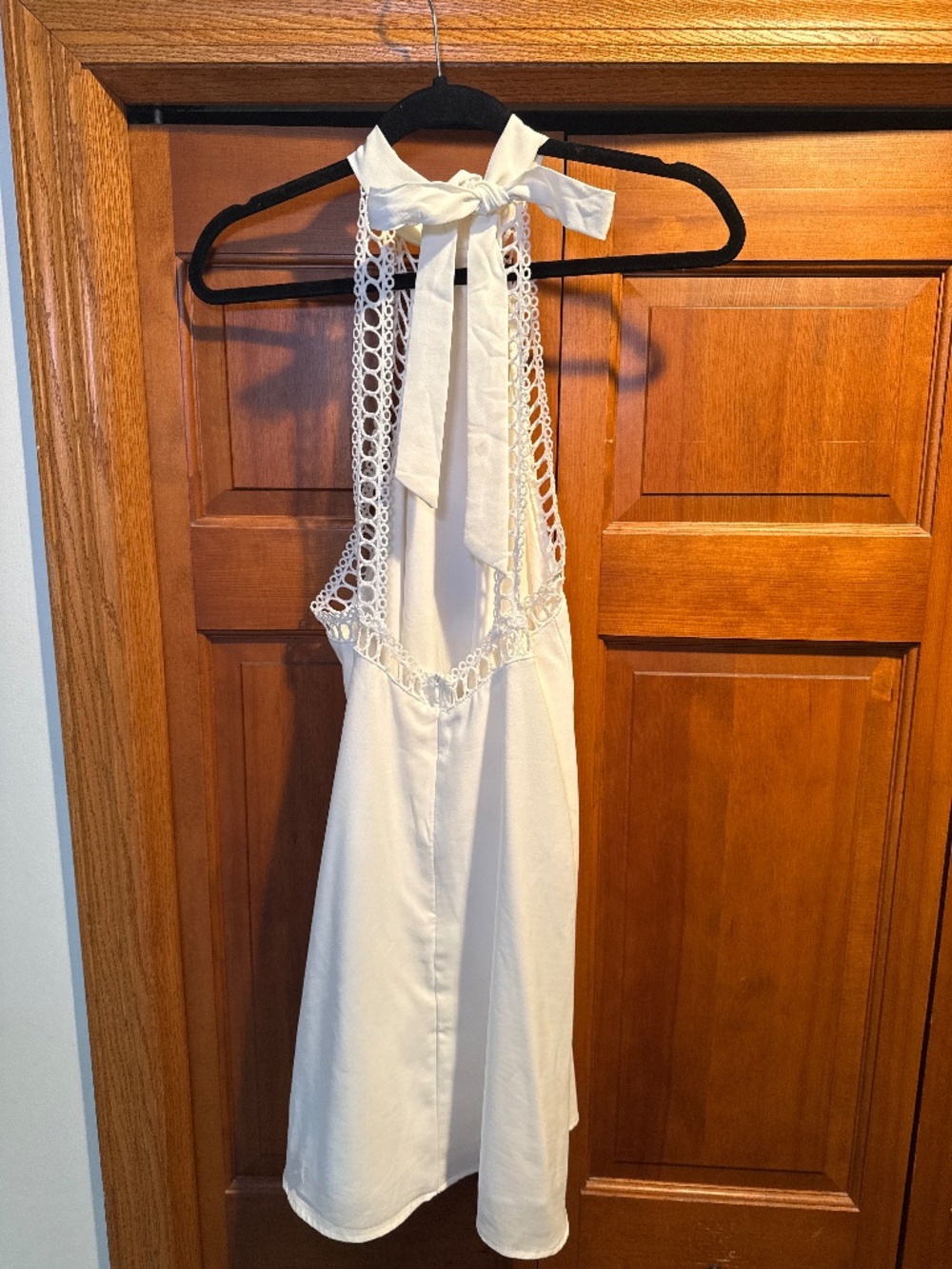 Ivory/White Halter Tie-Neck Open Back Mini Dress with Crochet Trim
